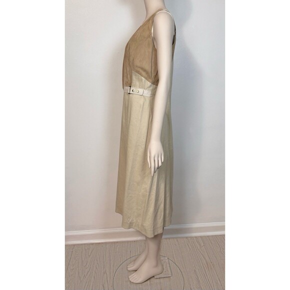 Lafayette 148 Leather Combo Wrap Dress A-Line w Buckle Beige Linen-Blend size 10 - Picture 5 of 16